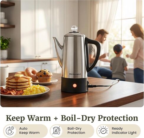 غلاية قهوة كهربائية من Elite Gourmet EC140 سعة 6 أكواب مع مقبض دافئ وشفاف لتقدم المشروب ومقبض يعمل باللمس بدون سلك، من الفولاذ المقاوم للصدأ in Kuwait
