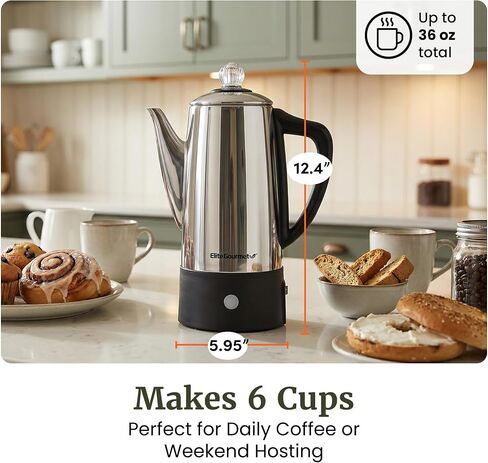 غلاية قهوة كهربائية من Elite Gourmet EC140 سعة 6 أكواب مع مقبض دافئ وشفاف لتقدم المشروب ومقبض يعمل باللمس بدون سلك، من الفولاذ المقاوم للصدأ in Kuwait