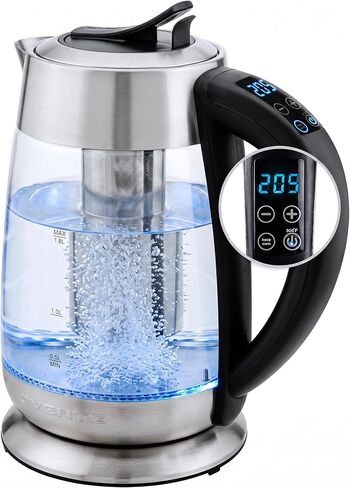 OVENTE Electric Glass Kettle Hot Water Boiler 1.8 Liter BPA Free 1500W, Set Temperature Control, Auto Shut Off, Portable Tea Kettle & Instant Water Heater + Stainless Steel Infuser - KG6610S in Kuwait