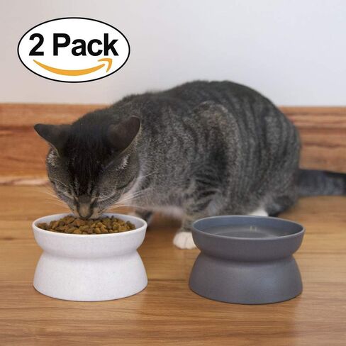 Kitty City Elevated Cat Bowls (Set of 2), Whisker-Friendly Raised Cat Food & Water Dishes, Modern Pedestal Design, Dishwasher Safe, 6.5 oz Each – White & Gray in Kuwait