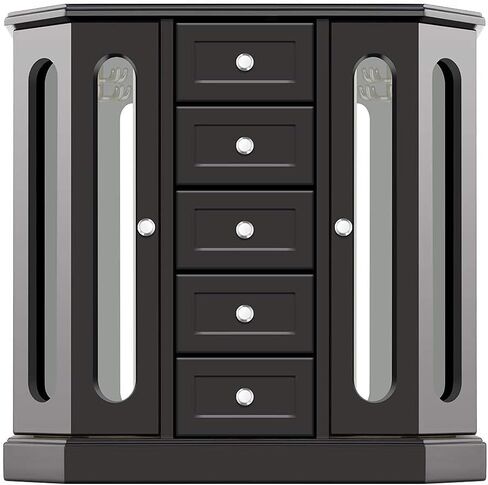 RR ROUND RICH DESIGN Jewelry Box - Made of Solid Wood with Cabinet Type 5 Drawers Organizer and 2 Separated Open Doors on 2 Sides and Large Mirror Brown in Kuwait