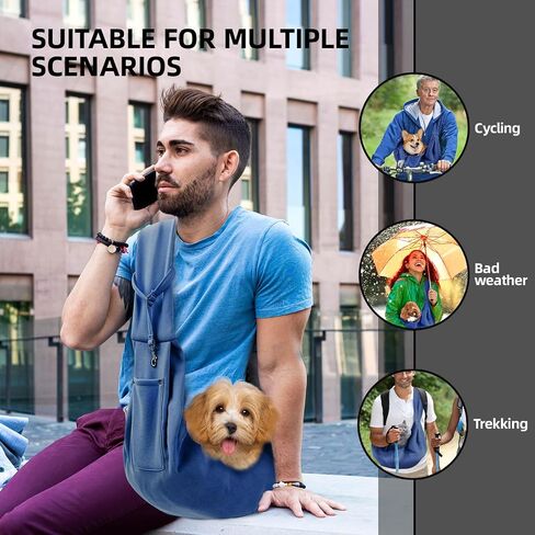 Dog Carrier Sling - Reversible Puppy Carrier Purse with Storage Pocket, Hand-Free Dog Sling Carrier for Carry Small Dogs and Cats, Travel Safety Harness, Dog and Cat Harness (Blue) in Kuwait