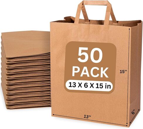 JET PAPER BAGS - Large Brown Paper Bags with Handles 18x7x18 Inch [25 Pcs] Ideal for Takeout, Grocery, Goody, Retail, Party, Gifts, Weddings - Recyclable Kraft Paper Gift Bags with Handles in Kuwait