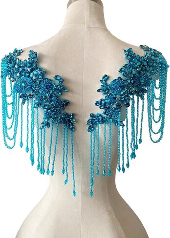 Pair Beaded Rhinestones Tassel Applique Embellishment for Clothes,Pure Handsewing Crystal Diamond Patches for Wedding Dress DIY Accessories (Red) in Kuwait