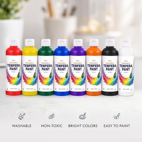 Washable Tempera Paint for Kids, 8 Pack | Non-Toxic Bulk Paint Set for Classroom & School | Large 16 oz Bottles | Crafts, Posters & Art Projects | 8 Vibrant Colors | Made in USA in Kuwait