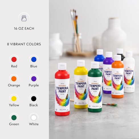 Washable Tempera Paint for Kids, 8 Pack | Non-Toxic Bulk Paint Set for Classroom & School | Large 16 oz Bottles | Crafts, Posters & Art Projects | 8 Vibrant Colors | Made in USA in Kuwait