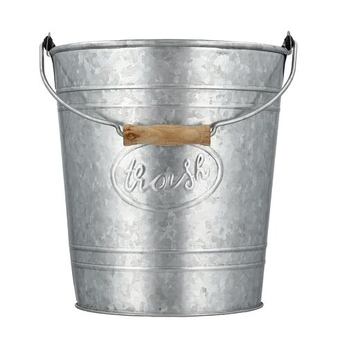 Autumn Alley Farmhouse Bathroom Trash Can - Rustic Galvanized Trash Can Bucket with Wooden Handle for Rustic Bathroom, Farmhouse Kitchen, Country Home Décor, 7 Liters, Galvanized Grey in Kuwait