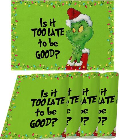 Linen Grinchmas Placemats Set of 4 Merry Christmas Table Mats Green Elf Winter Holiday Party Decorations for Home Kitchen Table Supply (Green, 12" x 18") in Kuwait
