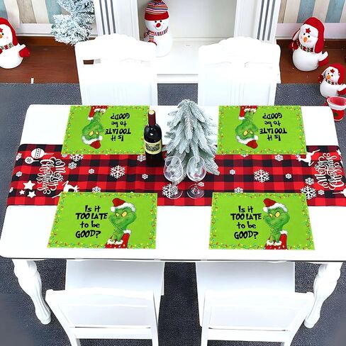 Linen Grinchmas Placemats Set of 4 Merry Christmas Table Mats Green Elf Winter Holiday Party Decorations for Home Kitchen Table Supply (Green, 12" x 18") in Kuwait