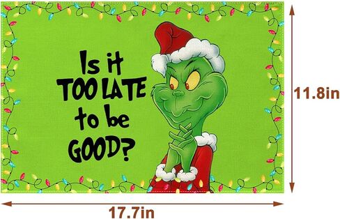 Linen Grinchmas Placemats Set of 4 Merry Christmas Table Mats Green Elf Winter Holiday Party Decorations for Home Kitchen Table Supply (Green, 12" x 18") in Kuwait