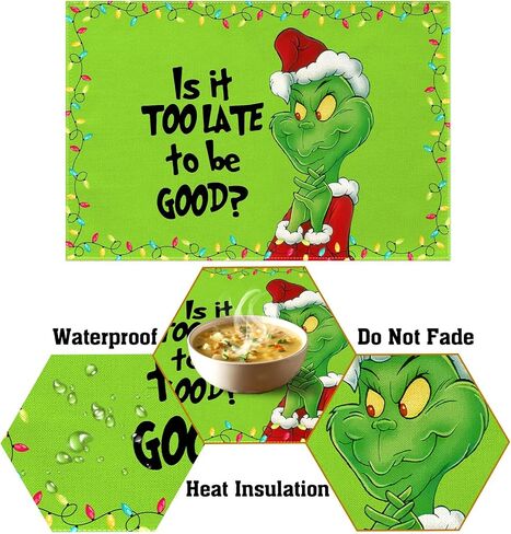 Linen Grinchmas Placemats Set of 4 Merry Christmas Table Mats Green Elf Winter Holiday Party Decorations for Home Kitchen Table Supply (Green, 12" x 18") in Kuwait