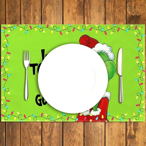 Linen Grinchmas Placemats Set of 4 Merry Christmas Table Mats Green Elf Winter Holiday Party Decorations for Home Kitchen Table Supply (Green, 12" x 18") in Kuwait
