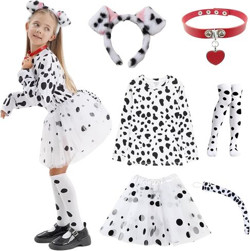 101 Dalmatian Costumes Kids, Girls Shirt Tutu Outfit Ears Headband Socks Accessories for 101st Day Of School in Kuwait