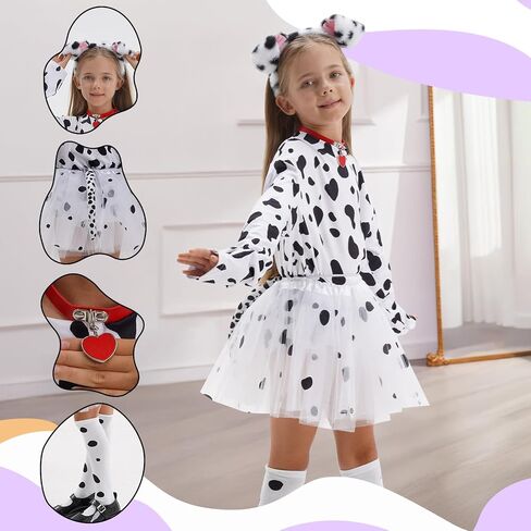 101 Dalmatian Costumes Kids, Girls Shirt Tutu Outfit Ears Headband Socks Accessories for 101st Day Of School in Kuwait