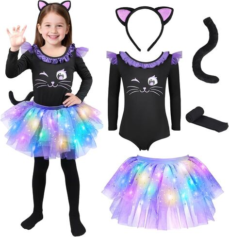 GIFTINBOX Black Halloween Cat Costume for Girls, Light Up Outfit Kids 3-8 in Kuwait