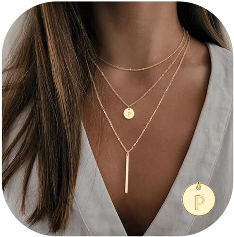 Gold Initial Layered Necklaces for Women, 14K Gold Plated Coin Letter Necklace Skinny Bar Stacking Necklace Coin Necklace Layer Necklace Multi Bar Layering Gold Choker Necklaces Jewelry for Women in Kuwait