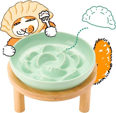 2 Pcs Elevated Ceramic Cat Bowls with Bamboo Stand for Cat Bowl, Whisker Friendly Shallow Cat Plate, Stable Raised Cat Food Riser for Indoor Cats, Dishwasher Safe, Non Slip(Pink + Light Yellow, 6.3'') in Kuwait