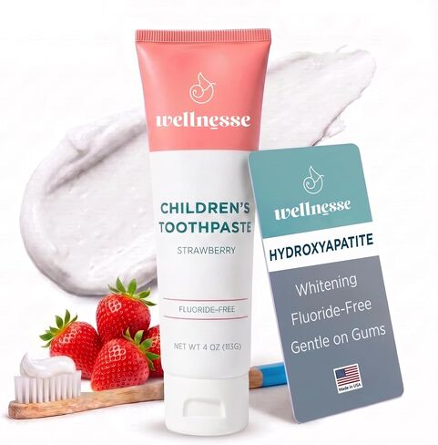 Wellnesse Children’s Toothpaste - Fluoride Free Natural Flavored Toothpaste for Kids and Toddlers - Strawberry - 1 Tube, 4 oz - Made with Hydroxyapatite, Calcium Carbonate, and Aloe Vera in Kuwait