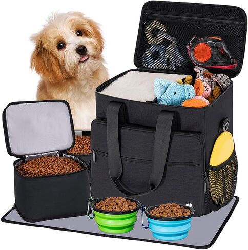 5 Set Dog Travel Bag for Supplies, Dog Lovers, Large Pet Travel Kit Includes 2 Food Containers&2 Collapsible Bowls、Placemats,Black in Saudi Arabia