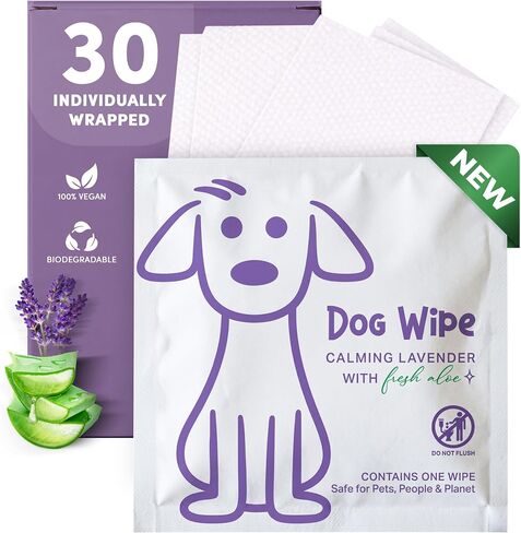 Dog Wipes Individually Wrapped for Paws and Butt, Travel Size Pet Wipes for Dogs, Puppy Cleaning Wipes for Face, Ears, Eyes, No Rinse Grooming Wipes, Deodorizing Lavender, 30 Count On-The-Go Packs in Kuwait
