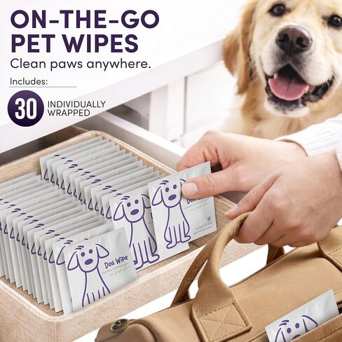 Dog Wipes Individually Wrapped for Paws and Butt, Travel Size Pet Wipes for Dogs, Puppy Cleaning Wipes for Face, Ears, Eyes, No Rinse Grooming Wipes, Deodorizing Lavender, 30 Count On-The-Go Packs in Kuwait