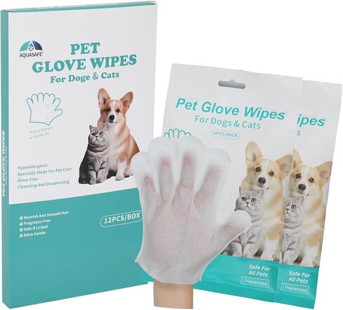 AQUASAFE Pet Glove Wipes - No-Rinse Dog Grooming Wipes & Cat Bath Gloves | Unscented Hypoallergenic Dog Wipes, [6] Ct in Kuwait