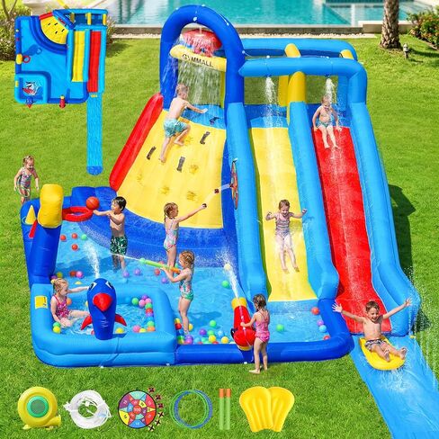 Inflatable Water Bounce House with Long Water Slide for Kids 3-10 in Kuwait