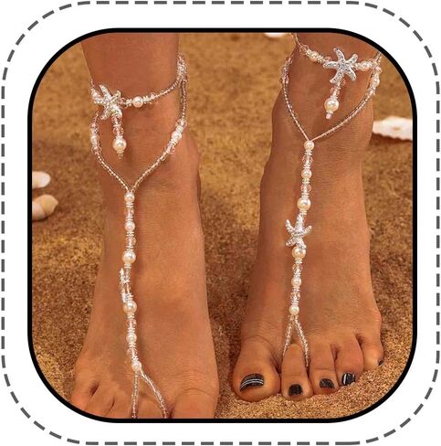 Wooee Boho كريستال خلخال نجم البحر الأبيض الكاحل سلاسل الشاطئ لؤلؤة صنادل بيرفوت سوار الكاحل الصيف سلسلة القدم مجوهرات للنساء والفتيات in Kuwait