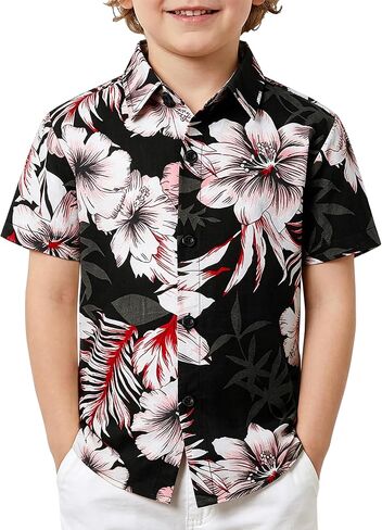 JOGAL Big Boy's Floral Casual Button Down Short Sleeve Hawaiian Shirt in Kuwait