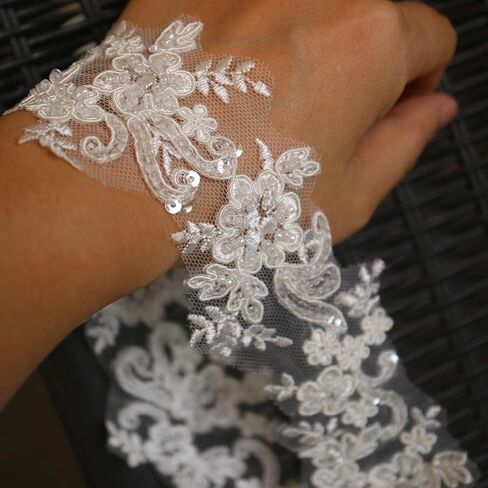 6cm*2yards Ivory White Luxury Beaded Embroidery Flower lace Appliques for Wedding Dresses Rhinestone Applique Patches Embroidery lace parches ropa (Off White Color)… in Kuwait