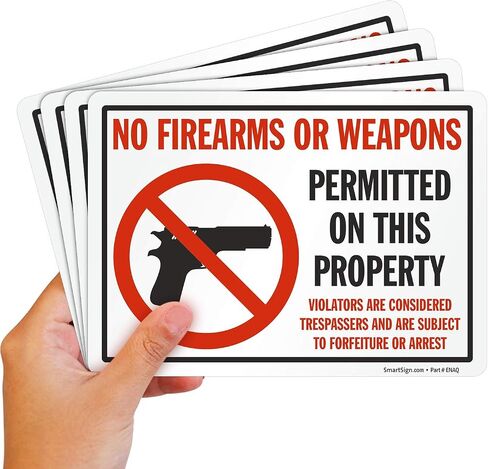 سمارت ساين (عبوة من 5) 9 × 30.48 سم "No Firearms أو أسلحة مسموح بها على هذه الملكية" لافتة مطبوعة، 10 مل من بلاستيك البوليسترين ، أحمر/أسود على أبيض in Kuwait