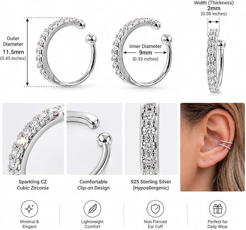 Fake Hoop Earrings CZ Cubic Zirconia Cartilage Earring 925 Sterling Silver Earrings Ear Cuff Huggie Dainty Minimal Conch Piercing Non Pierced Ear Pods Clip on Earrings for Women Girls in Kuwait