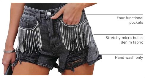 Cyparel Women's Rhinestone Denim Shorts Mid Waist Ripped Frayed Raw Hem Tessles Stretchy Jean Shorts with Pockets in Kuwait