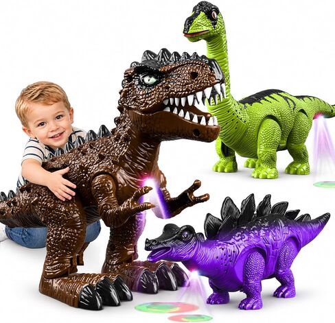 3 Pack Electric Walking Dinosaur Toys for Kids Ages 3 4 5 6 7 8, Moving Dinosaur Figures with Lights and Roaring Sounds, T-Rex Brachiosaurus Stegosaurus Dinosaur Set Birthday Gifts for Boys Girls in Kuwait