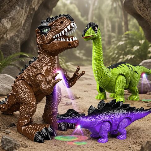 3 Pack Electric Walking Dinosaur Toys for Kids Ages 3 4 5 6 7 8, Moving Dinosaur Figures with Lights and Roaring Sounds, T-Rex Brachiosaurus Stegosaurus Dinosaur Set Birthday Gifts for Boys Girls in Kuwait
