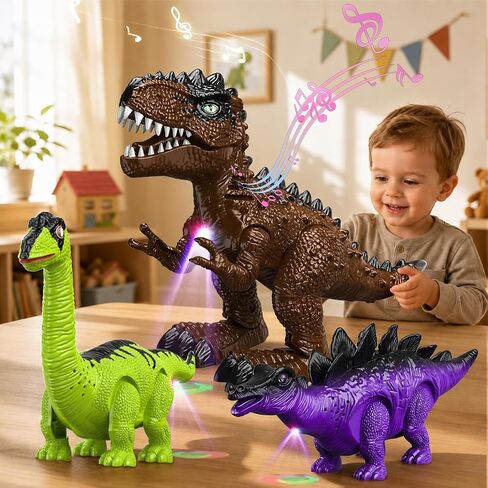 3 Pack Electric Walking Dinosaur Toys for Kids Ages 3 4 5 6 7 8, Moving Dinosaur Figures with Lights and Roaring Sounds, T-Rex Brachiosaurus Stegosaurus Dinosaur Set Birthday Gifts for Boys Girls in Kuwait