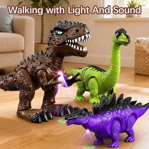 3 Pack Electric Walking Dinosaur Toys for Kids Ages 3 4 5 6 7 8, Moving Dinosaur Figures with Lights and Roaring Sounds, T-Rex Brachiosaurus Stegosaurus Dinosaur Set Birthday Gifts for Boys Girls in Kuwait