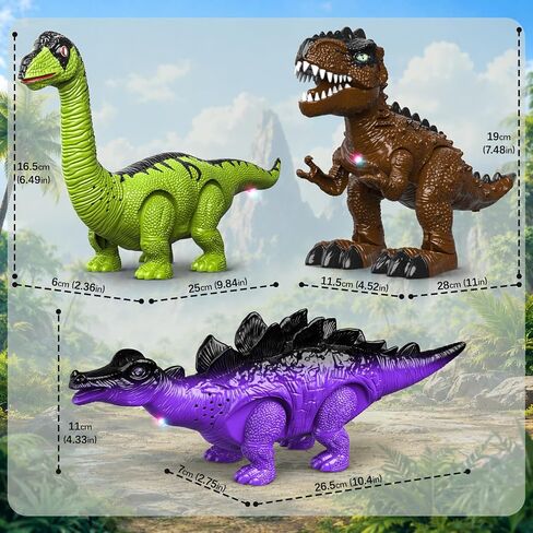 3 Pack Electric Walking Dinosaur Toys for Kids Ages 3 4 5 6 7 8, Moving Dinosaur Figures with Lights and Roaring Sounds, T-Rex Brachiosaurus Stegosaurus Dinosaur Set Birthday Gifts for Boys Girls in Kuwait