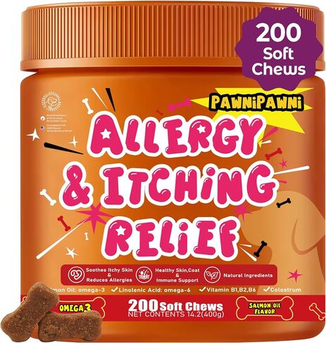 Dog Allergy Itch Relief Chews - Salmon Oil Omega-3, Omega-6, Vitamin B1/B2/B6, Colostrum Probiotics Supplement for Seasonal Allergy, Itch, Hot Spots, Paw Licking, Scratching, 98 Soft Chews in Kuwait