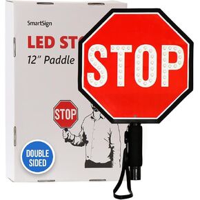 SmartSign 12" LED Stop Paddle, Rechargeable Battery & Charger, 2-Sided Reflective Hand Held Aluminum Sign with Strap, Steady/Flashing Light Modes, Foam-Padded Grip, 1-Pack, USA-Made in Kuwait