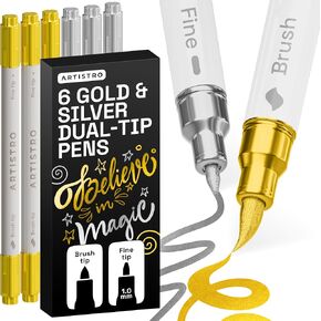 ARTISTRO Gold & Silver Acrylic Paint Pens – Dual Tip Markers – Brush & Fine Tip Paint Pens for Calligraphy, Crafts, Greeting Cards, Ornament Decor, DIY Art in Saudi Arabia