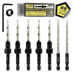 JNB Pro Wood Countersink Drill Bit Set - 5 Pc Adjustable Countersink Bit #8(11/64") All Same Size - 2 Extra 11/64 Tapered Drill Bit, 1 Adjust. Collar, 1 Wrench - 1/4" Quick Change Shank - Countersink in Saudi Arabia