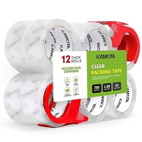 شريط تغليف شفاف من KAMOTA، 12 لفة شريط تغليف عالي التحمل لتعبئة الشحن وختم متحرك، عرض 1.88 بوصة، 65 ياردة لكل لفة، إجمالي 780 ياردة مع موزعين in Kuwait