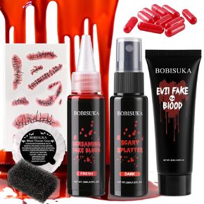 BOBISUKA Halloween Makeup Fake Blood Kit- Washable Dark Spray + Fresh Dripping + Blood Thick Gel, Blood Capsule, Stipple Sponge & Soap, Realistic Scar Tattoo for SFX Zombie Clown Mouth Clothes in Kuwait