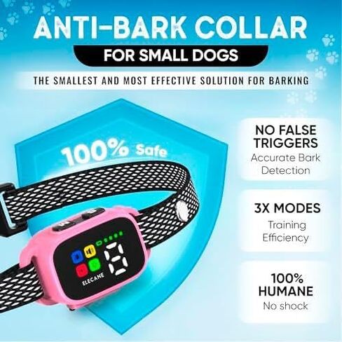 Tiny Bark Collar for Small Dogs 5-15 lbs and Puppies - No Shock Anti Barking Collar - Rechargeable Smart Collar for Dog Training with 7 Sensitivity Levels and 3 Beep&Vibration Modes (Pink) in Kuwait