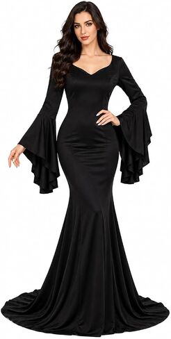 JPXH Morticia Addams Costume Women Adult Plus Size Spooky Long Black Addams Family Dress for Halloween in Kuwait