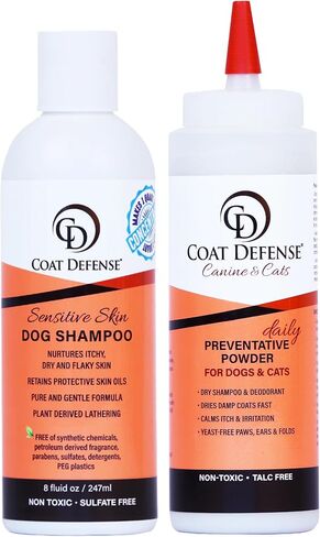COAT DEFENSE Paw Licker Bundle | Daily Preventative Powder & Shampoo for Allergies and Itching | Yeast Infection Treatment for Dogs | Dog Shampoo Itchy Skin Relief | Dry Shampoo Yeast Powder for Dogs in Kuwait