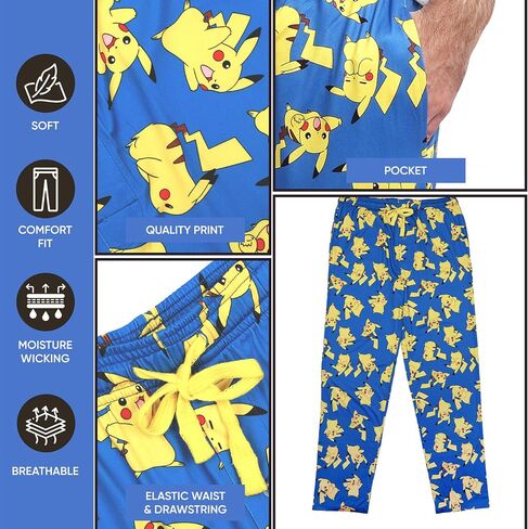 بنطال بيجامة للنوم باللون الأزرق للرجال من Bioworld Pokemon Happy Pikachu in Kuwait