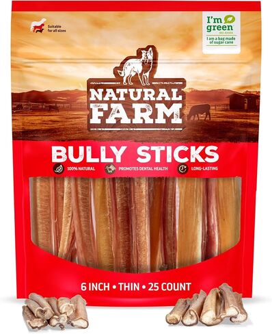 Natural Farm Thin Bully Sticks (6 Inch, 25 Pack), Natural Dog Dental Treats, Grain-Free, Preservative-Free, Low-Fat, & Fully Digestible - Best for Small, Senior or Light Chewers in Saudi Arabia