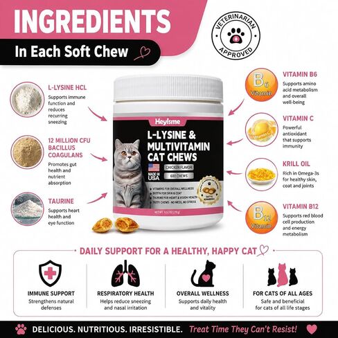 L-Lysine for Cats, 600 Chews Cat Immune Support, Cat Multivitamin in Kuwait
